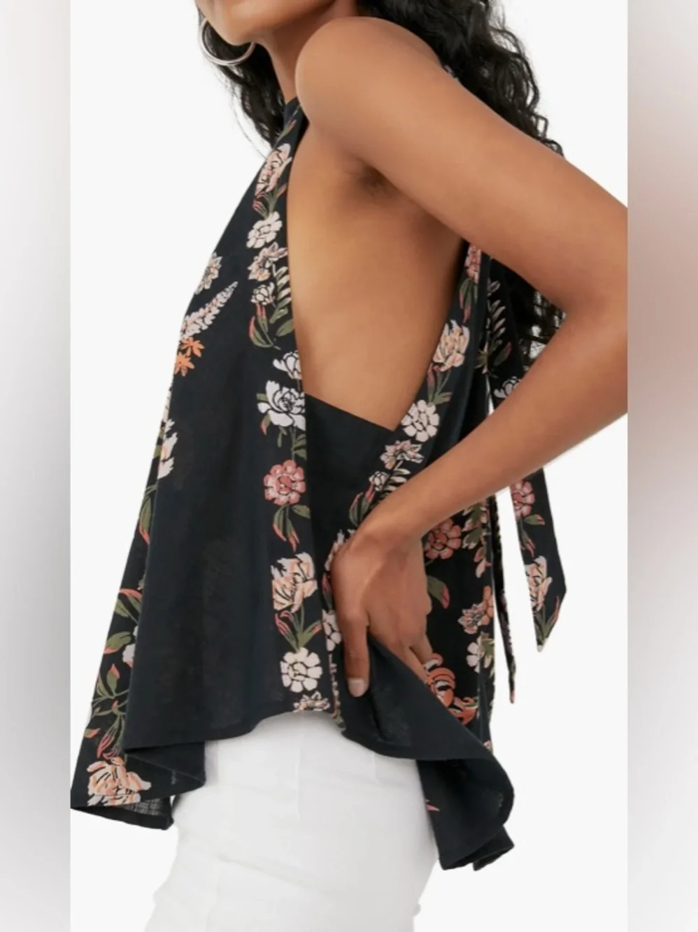 Free People Black Floral Halter Swing Cami with Peach and Cream Flowers: Large